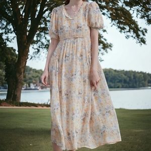 Simple Retro Lily Yellow Floral Puff Sleeve Chiffon Midi Dress Size Small